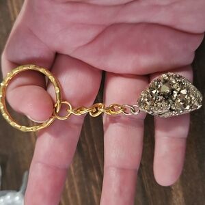 Gold tone keychain with pyrite Fool's Gold bead